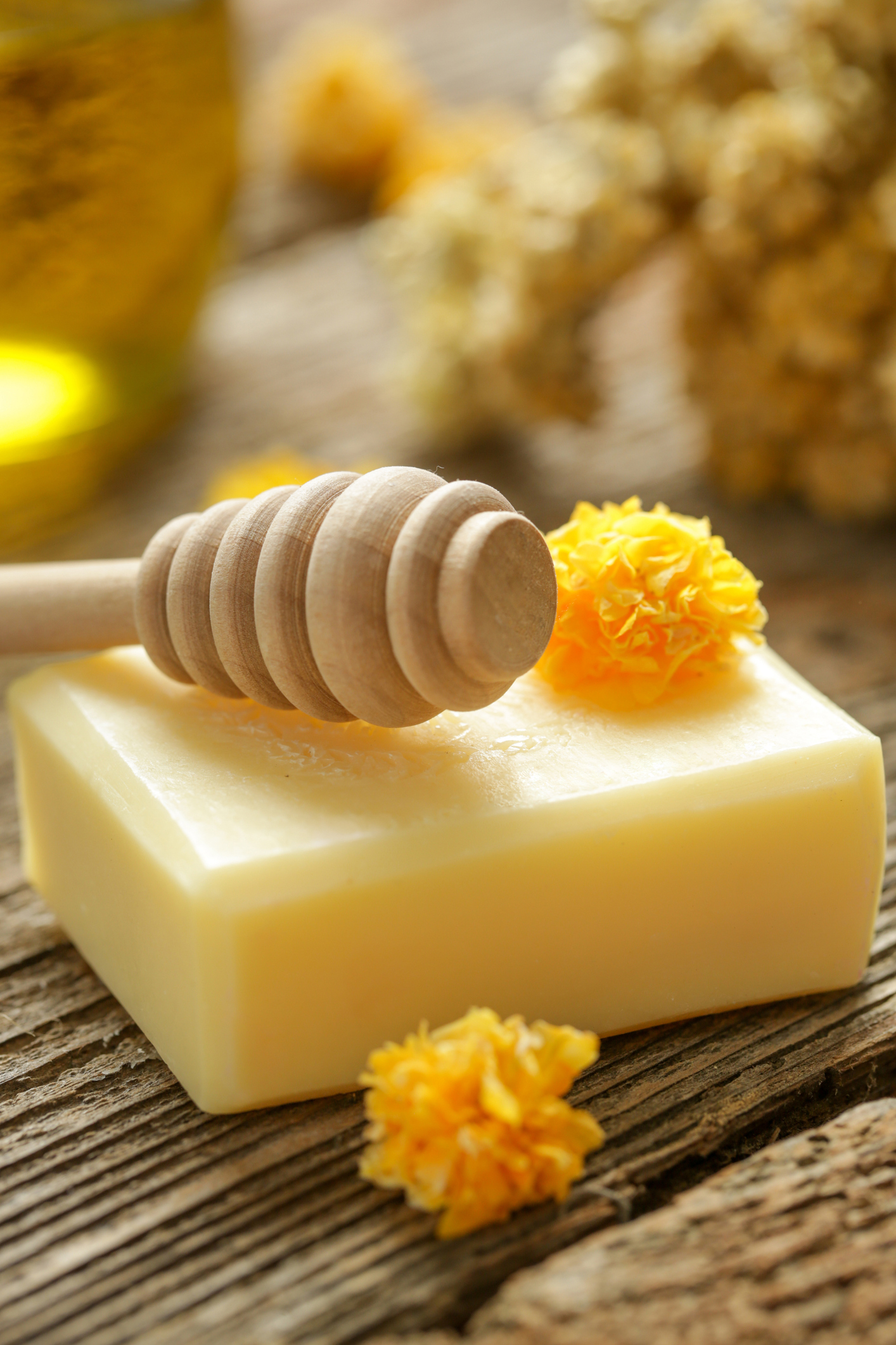 Calendula and honey handmade soap bar, close up. Homemade toxic-free natural organic cosmetic